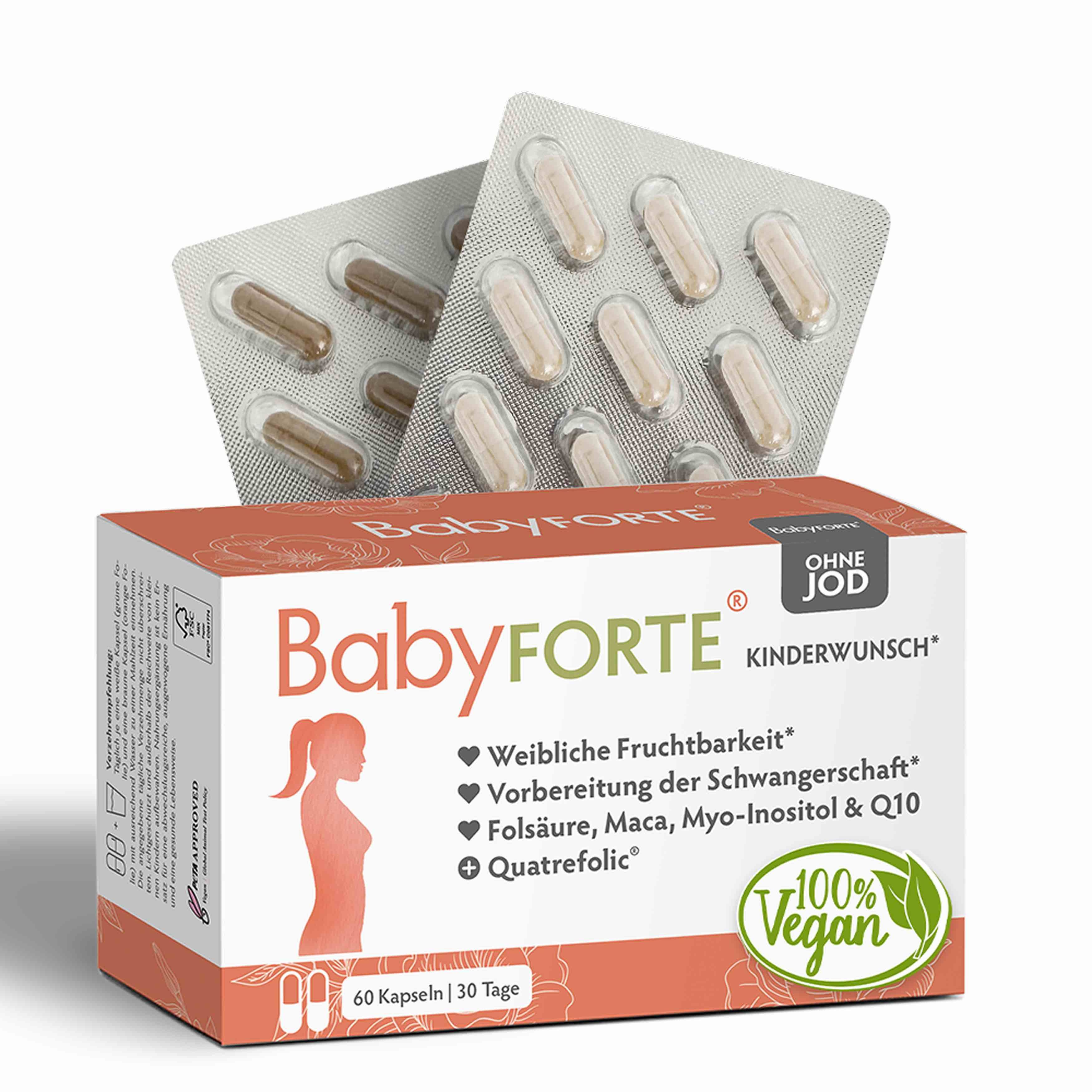 BabyFORTE® Kinderwunsch Verpackung. 60 Kapseln. 100% vegan. Blisterpackungen mit Kapseln. Text: Ohne Jod, weibliche Fruchtbarkeit, Inhaltsstoffe.
