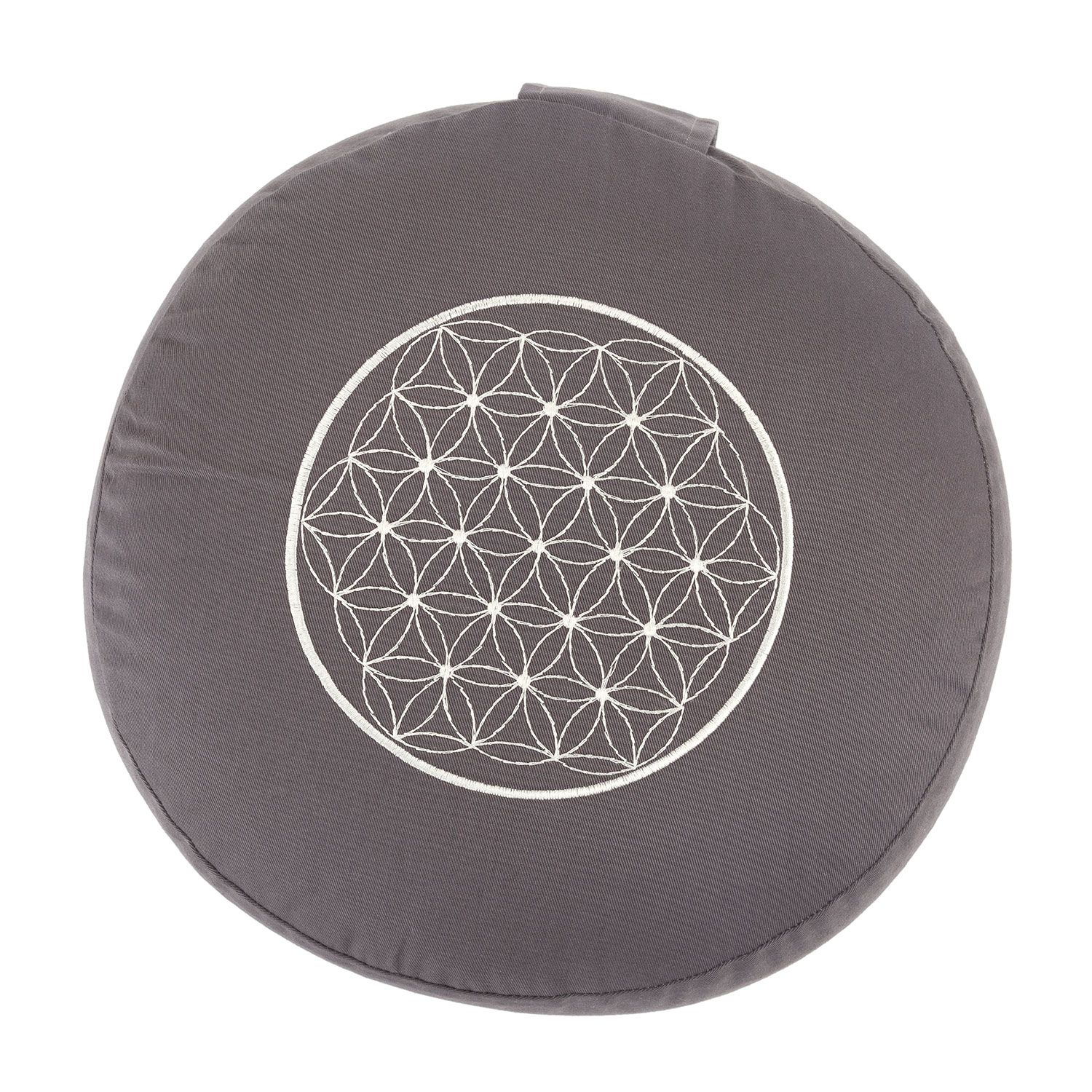 Anthrazitfarbenes Meditationskissen, Draufsicht. Stickerei Blume des Lebens. Auf weißem Hintergrund.