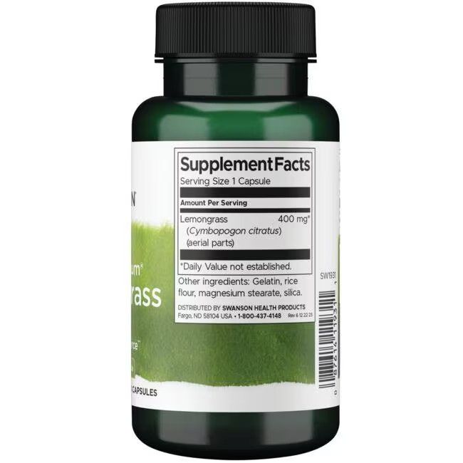 Rückseite der grünen Flasche. Etikett mit Nährwertangaben: Zitronengras 400 mg. Inhaltsstoffe: Gelatine, Reismehl, Magnesiumstearat, Silica.