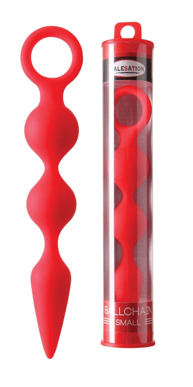 Rote Analkugelkette aus Silikon in einem durchsichtigen Behälter. Die Kette hat fünf Kugeln und einen Griff.