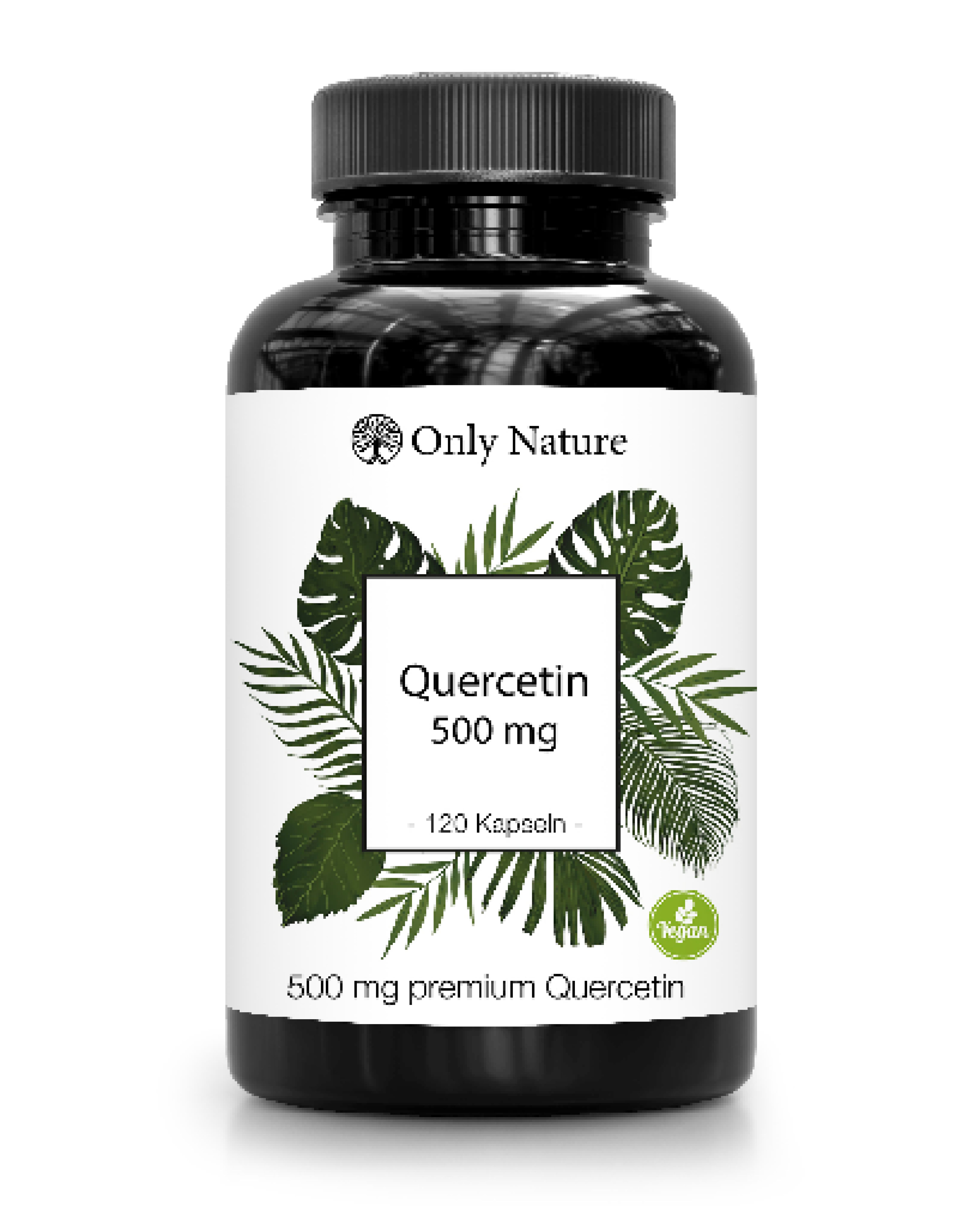Schwarze Flasche mit weißem Etikett. Aufschrift: Only Nature, Quercetin 500 mg, 120 Kapseln. Vegan-Siegel.