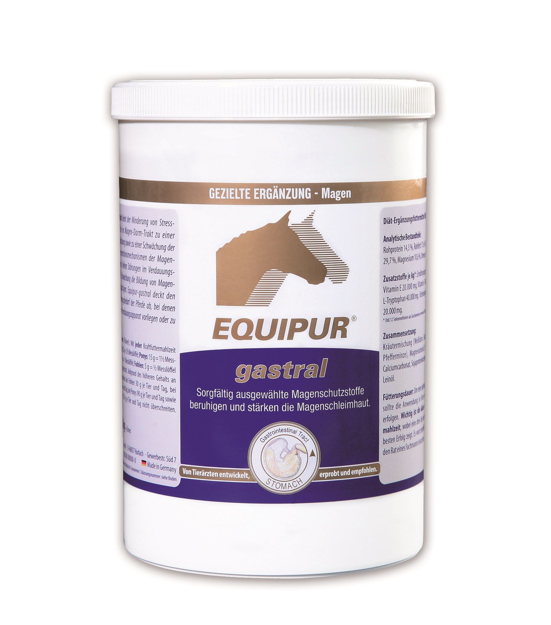 EQUIPUR gastral Ergänzung für Pferde. Weißer Behälter mit braunem Pferdekopfsymbol und lila Etikett.