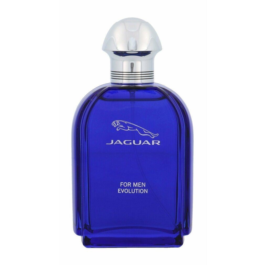 Blaues Eau de Toilette-Spray mit silbernem Deckel. Aufschrift: Jaguar, For Men Evolution.