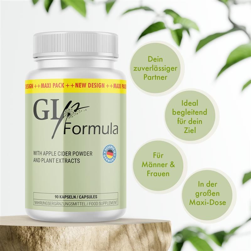 GLp Formula Pillenbehälter auf Holzpodest, umgeben von Blättern. Text: Dein zuverlässiger Partner, Ideal für dein Ziel, Für Männer & Frauen, In der Maxi-Dosis.