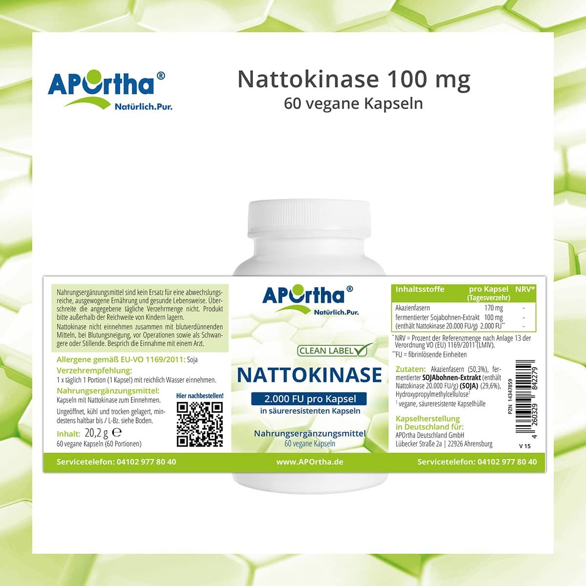 Weiße Flasche mit Etikett. Enthält Informationen zu Nattokinase, Inhaltsstoffen und Nährwertangaben. Mit Clean Label.
