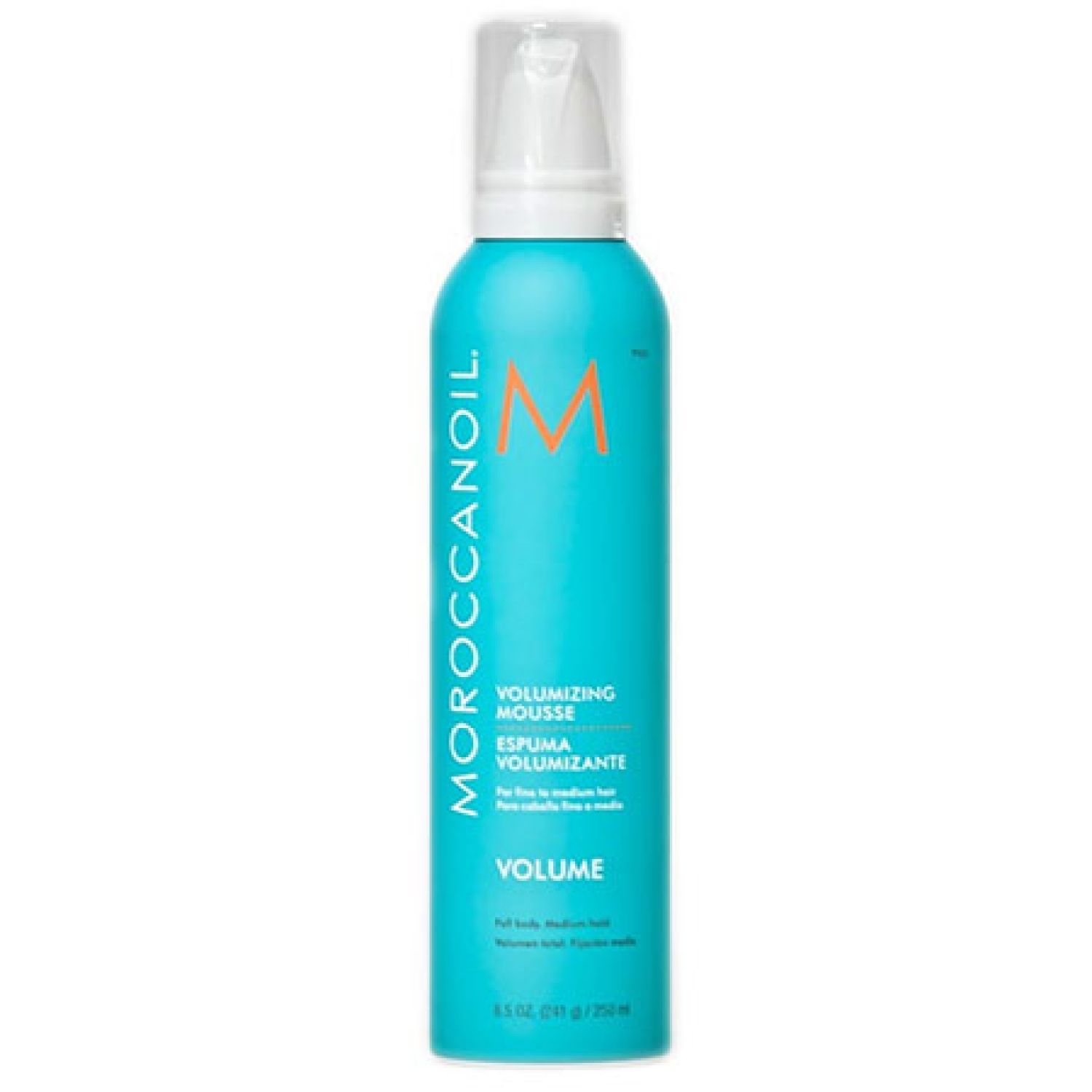 Türkisfarbene Flasche mit weißem Sprühkopf. Aufschrift: Moroccanoil, Volume Volumizing Mousse. 250 ml.