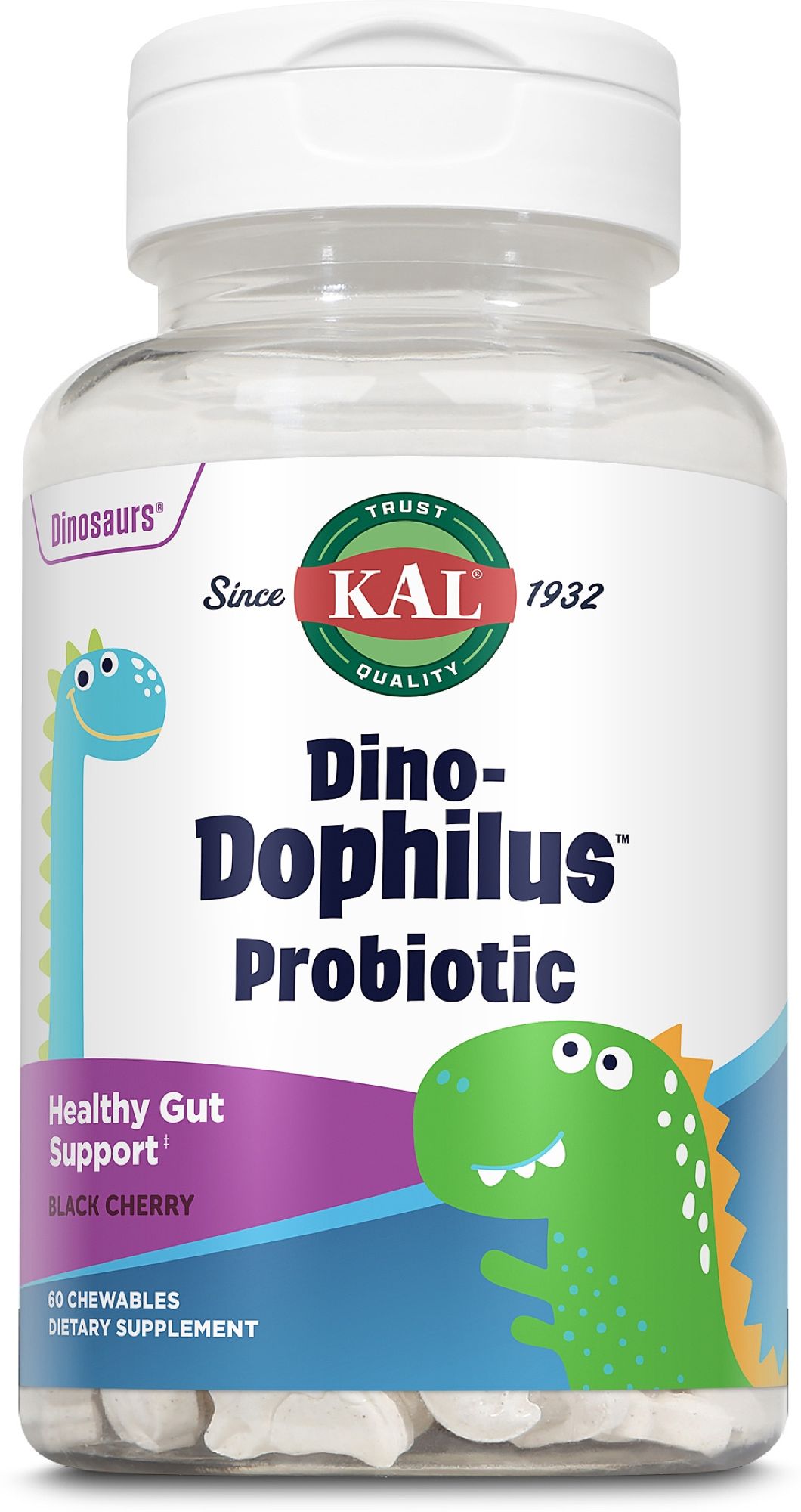 KAL Dino-Dophilus Probiotika Flasche mit 60 Kautabletten, schwarze Kirsche, für gesunden Darm.