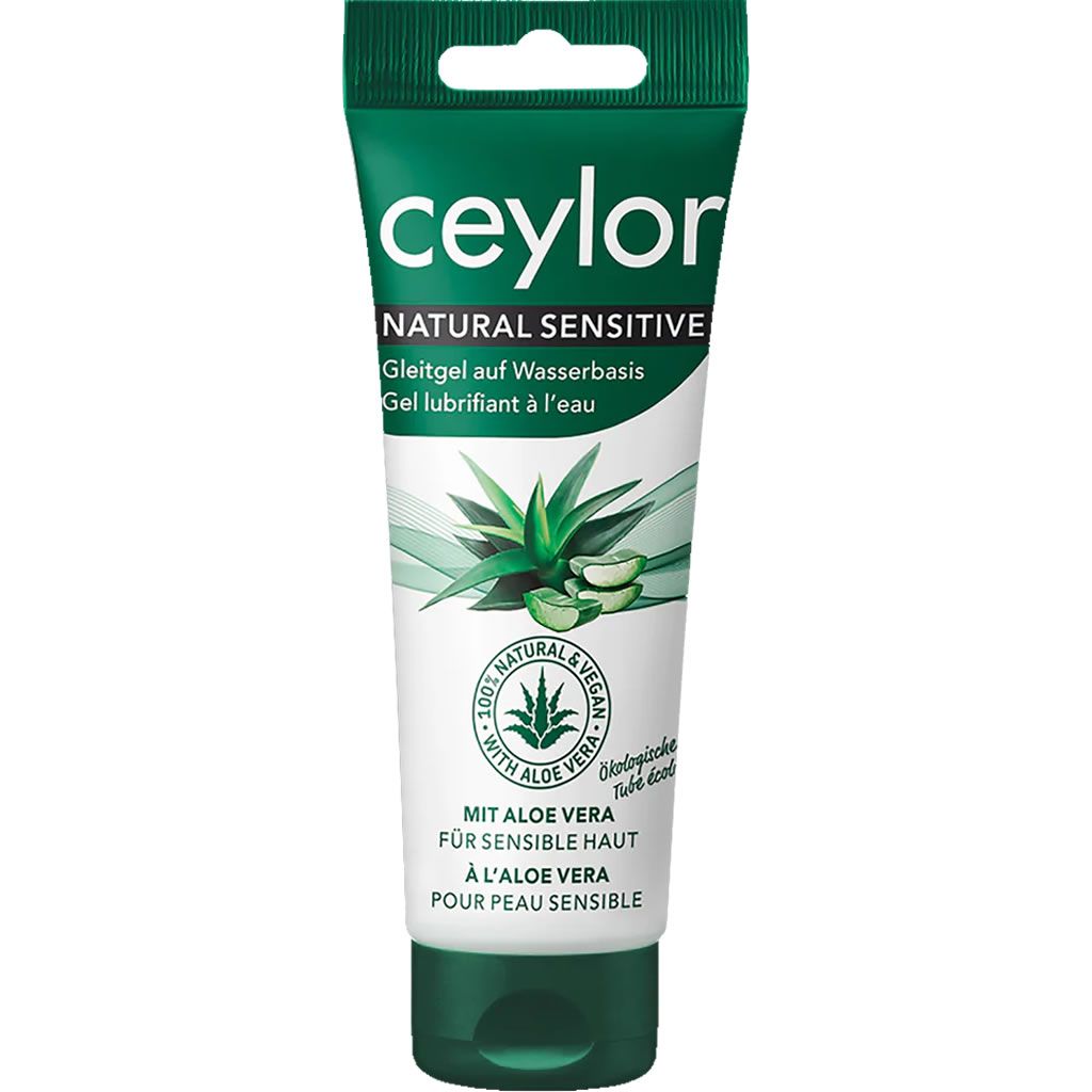 Grüne Tube mit Produktnamen und Aufschrift "NATURAL SENSITIVE". Enthält Aloe Vera. Text in Deutsch und Französisch.