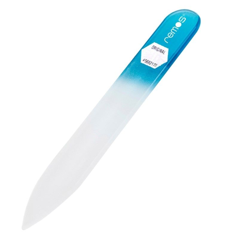 Glasnagelfeile mit blauem Griff, beidseitig nutzbar. Mit "remos" Logo und "ORIGINAL" Aufkleber.