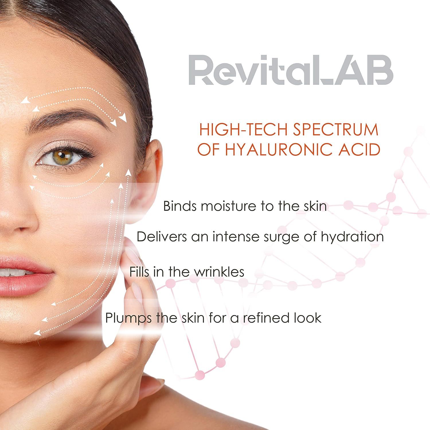Gesicht einer Frau. Grafische Darstellung der Wirkung von Hyaluronsäure. Text: Binds moisture to the skin, etc.