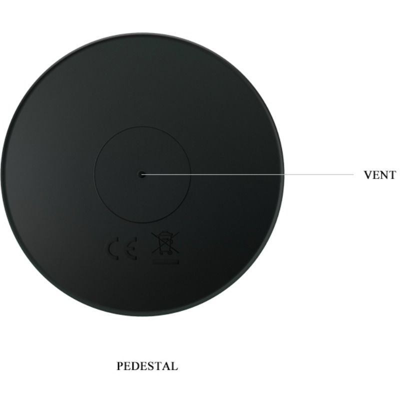 Schwarzer, runder Sockel mit einem Loch und CE-Kennzeichnung. Beschriftung: VENT und PEDESTAL.