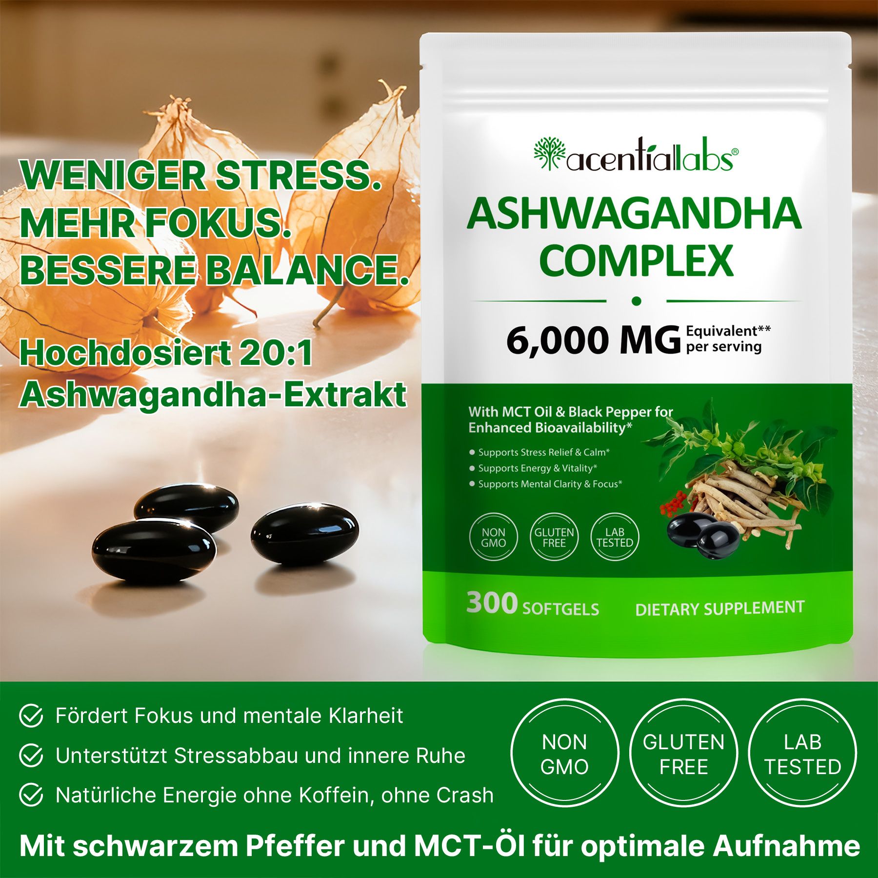 ALIVER Ashwagandha Extrakt Komplex Hochdosiert Softgels Laborgeprüft