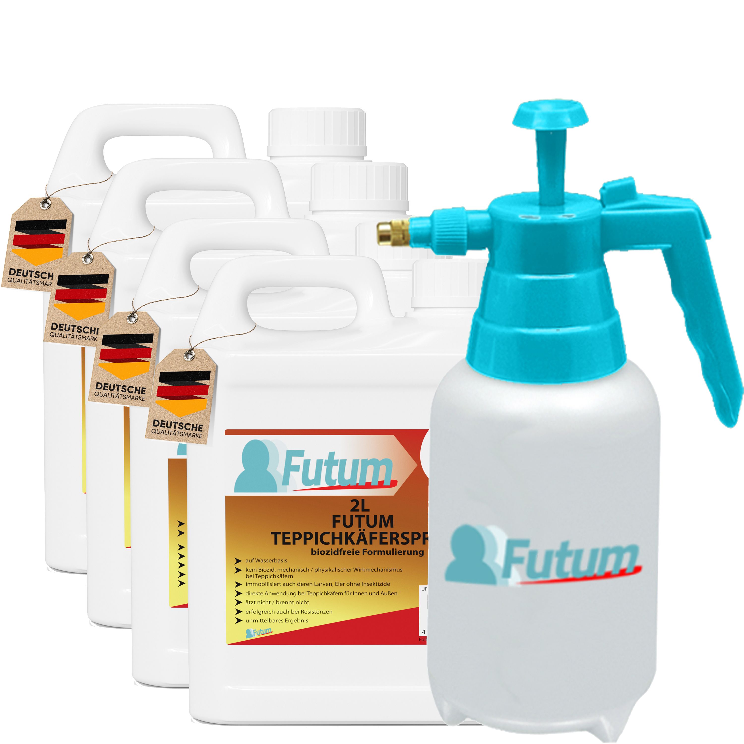 FUTUM 4x2L Teppichkäferspray und Sprüher. Weiße Kanister mit Etiketten und deutschem Qualitätssiegel. Blauer Sprüher.
