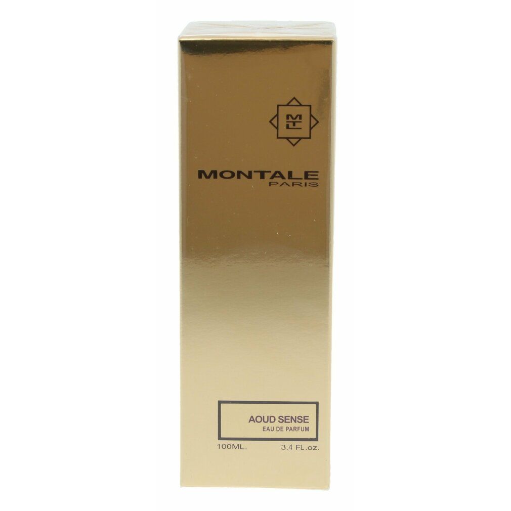 Goldfarbener rechteckiger Karton. Aufschrift: Montale Paris, Aoud Sense Eau de Parfum. Logo oben.