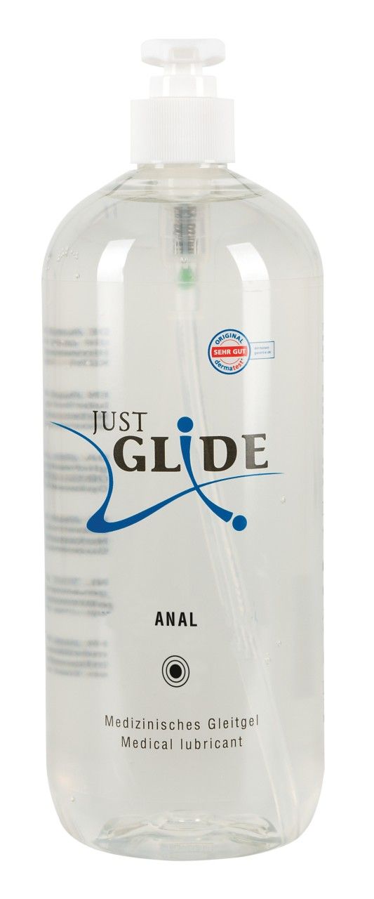 Transparente Flasche mit Dosierpumpe. Aufschrift: JUST GLIDE ANAL.
