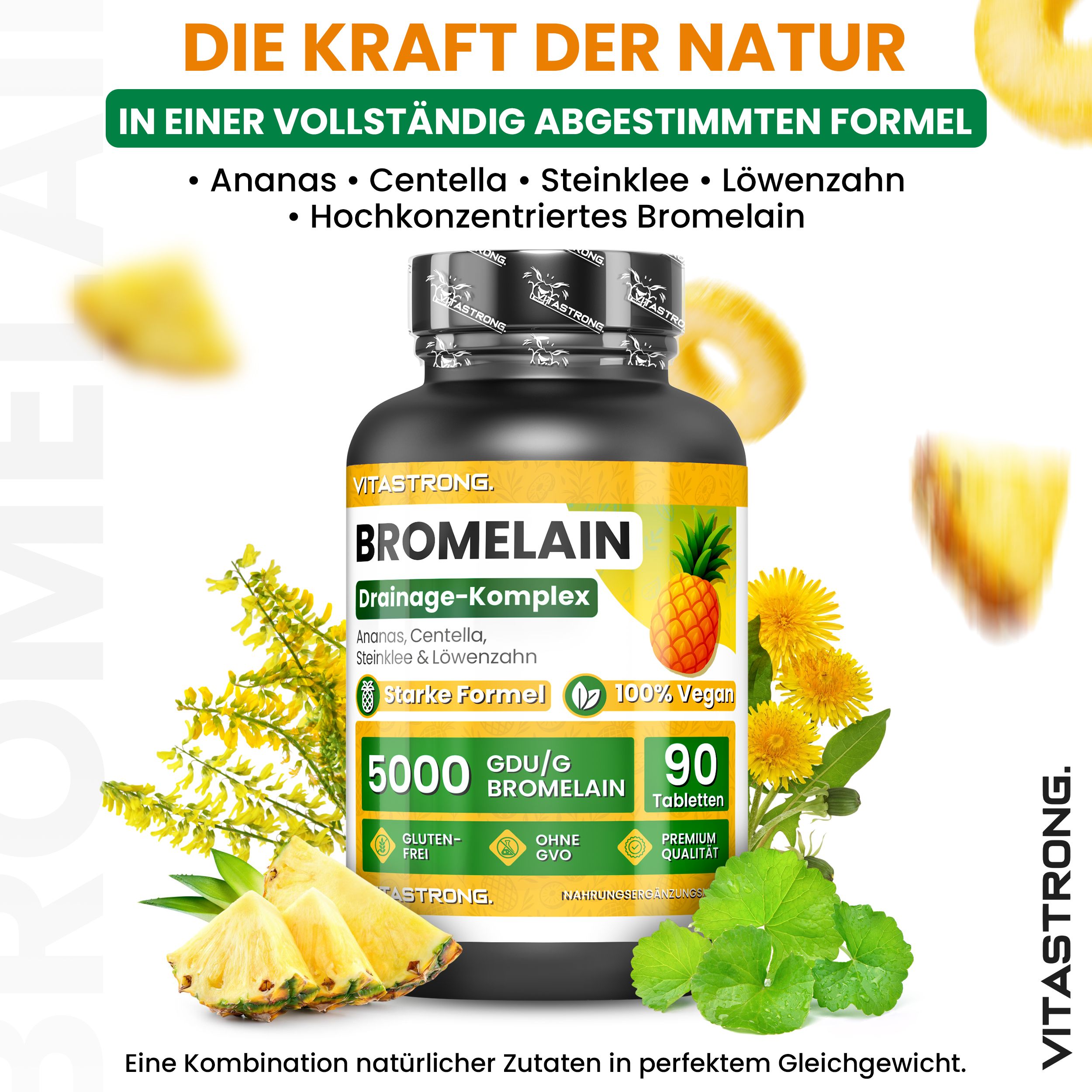 Vitastrong Bromelain 5000 GDU – 90 Tabletten, unterstützt die Entwässerung und hilft bei Cellulite