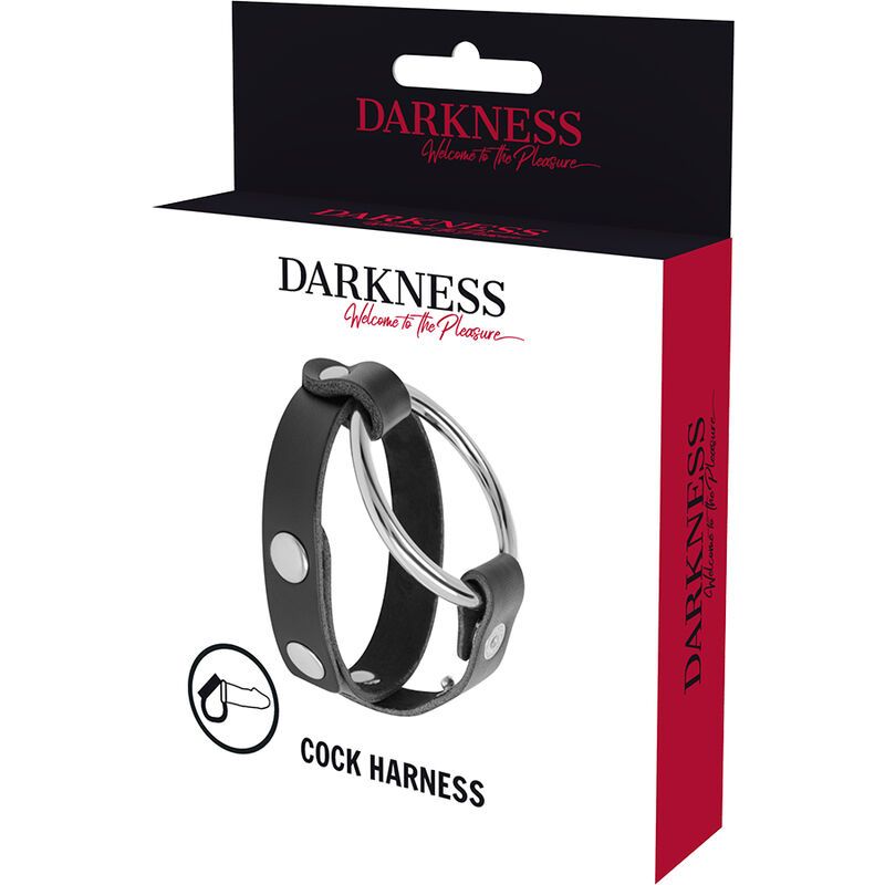Verpackung mit Penis- und Hodenring. Schwarze Schachtel mit Produktbild. Text: DARKNESS, COCK HARNESS.