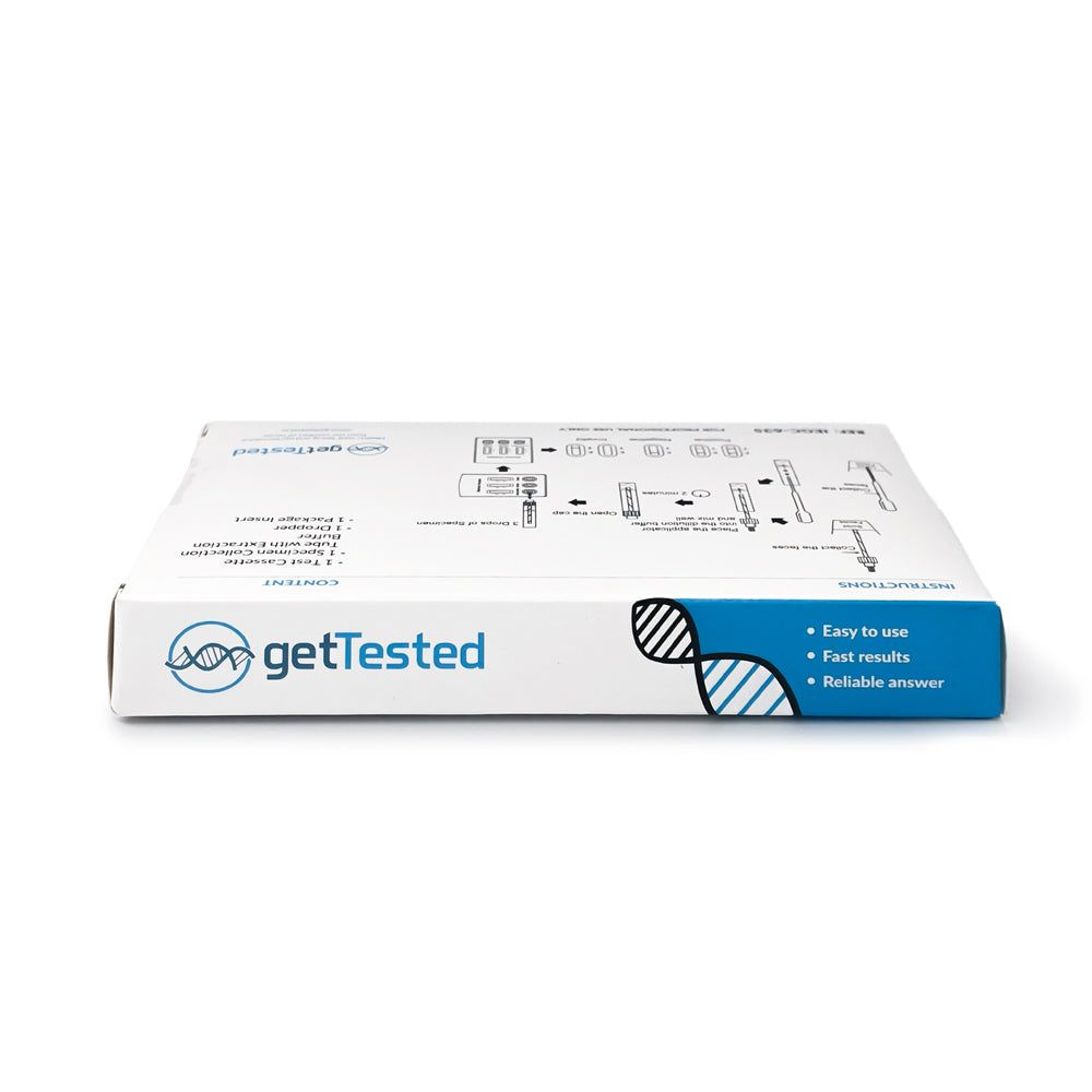 GetTested Parasiten Test-Verpackung. Weiß mit blauem Akzent. Text: GetTested, Easy to use, Fast results, Reliable answer. Illustrationen.