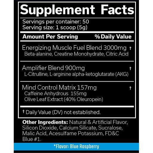 Nährwertangaben für JNX Sports The Curse! Pre-Workout, Blaue Himbeere, 50 Portionen.