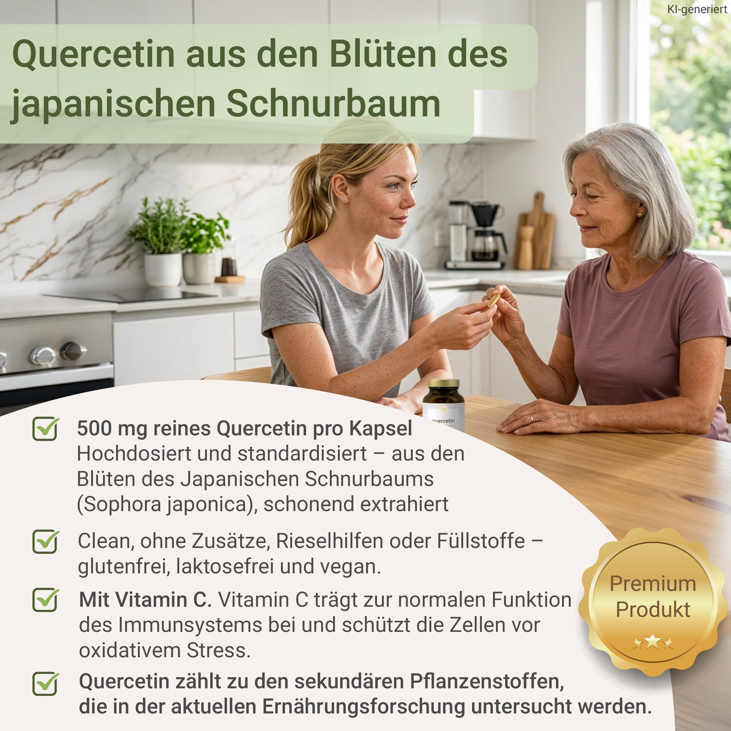 Zwei Frauen sitzen am Tisch, eine reicht der anderen eine Quercetin-Kapsel.