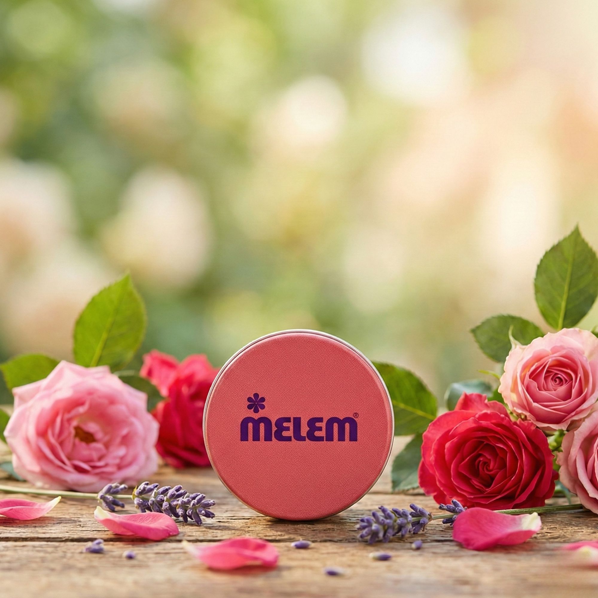 Runder, roter Tiegel mit Produktlogo, umgeben von Rosen, Lavendel und Blütenblättern.