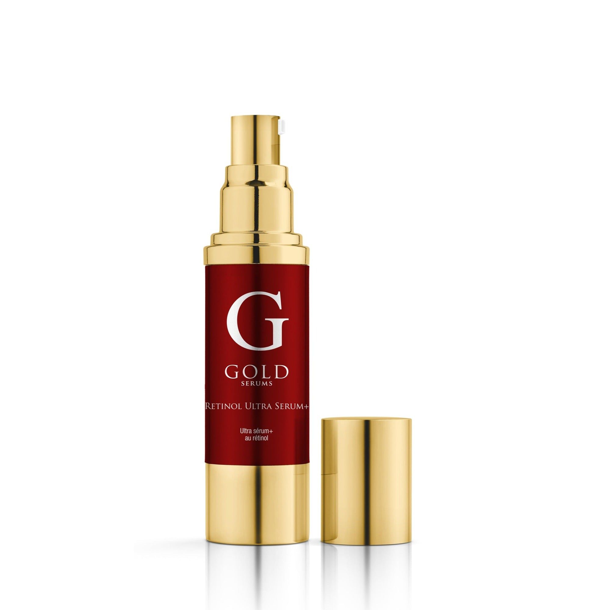 Kosmetikflasche mit goldener Kappe und rotem Etikett. Aufschrift: Gold Serums. Produkt: Retinol Serum. Kappe daneben.