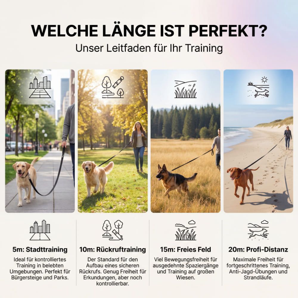 Verschiedene Hunde mit Leinen in unterschiedlichen Umgebungen. Text: Welche Länge ist perfekt? 5m, 10m, 15m, 20m. Stadt, Rückruf, freies Feld, Profi-Distanz.