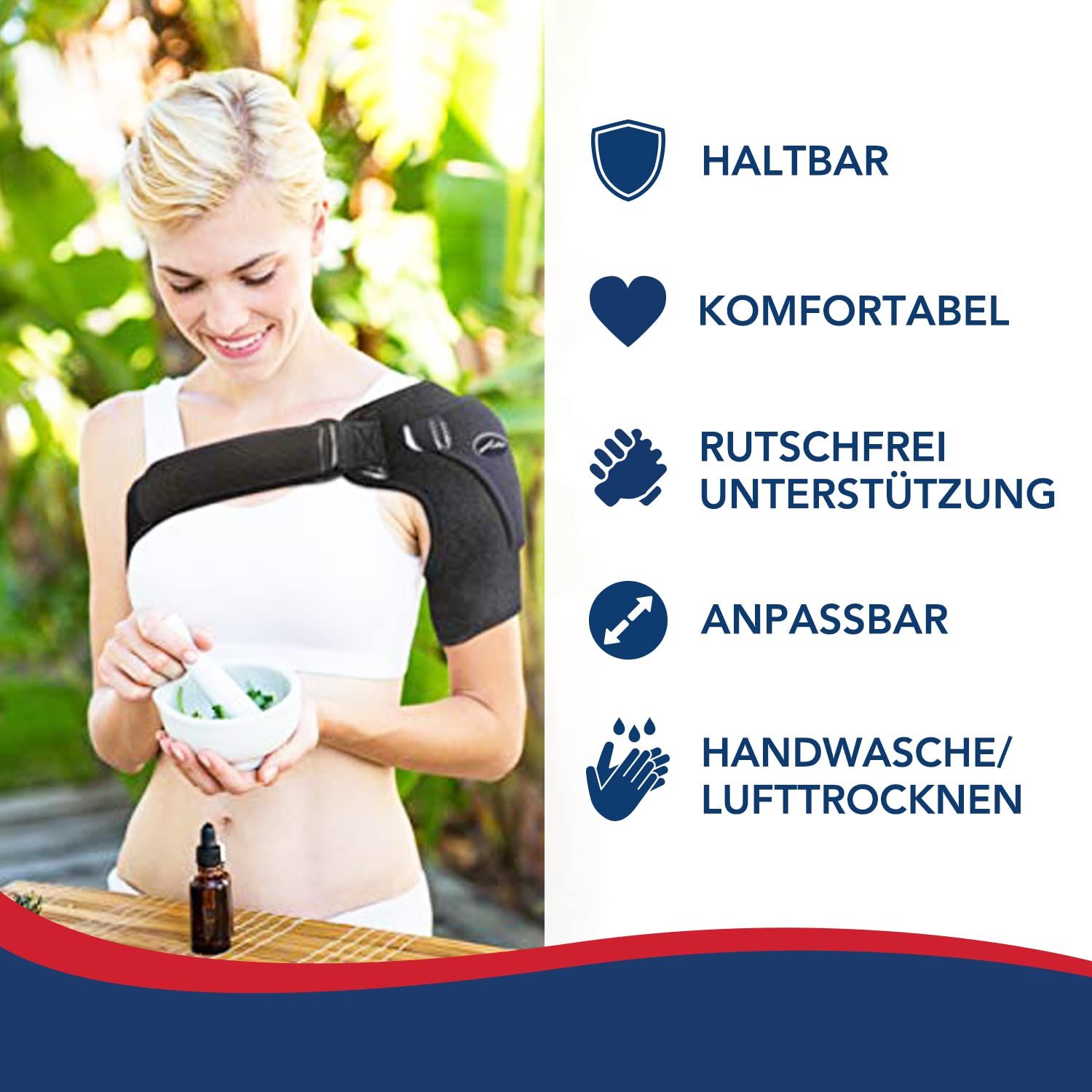 Schwarze Schulter-Kompressionsbandage, verstellbar.