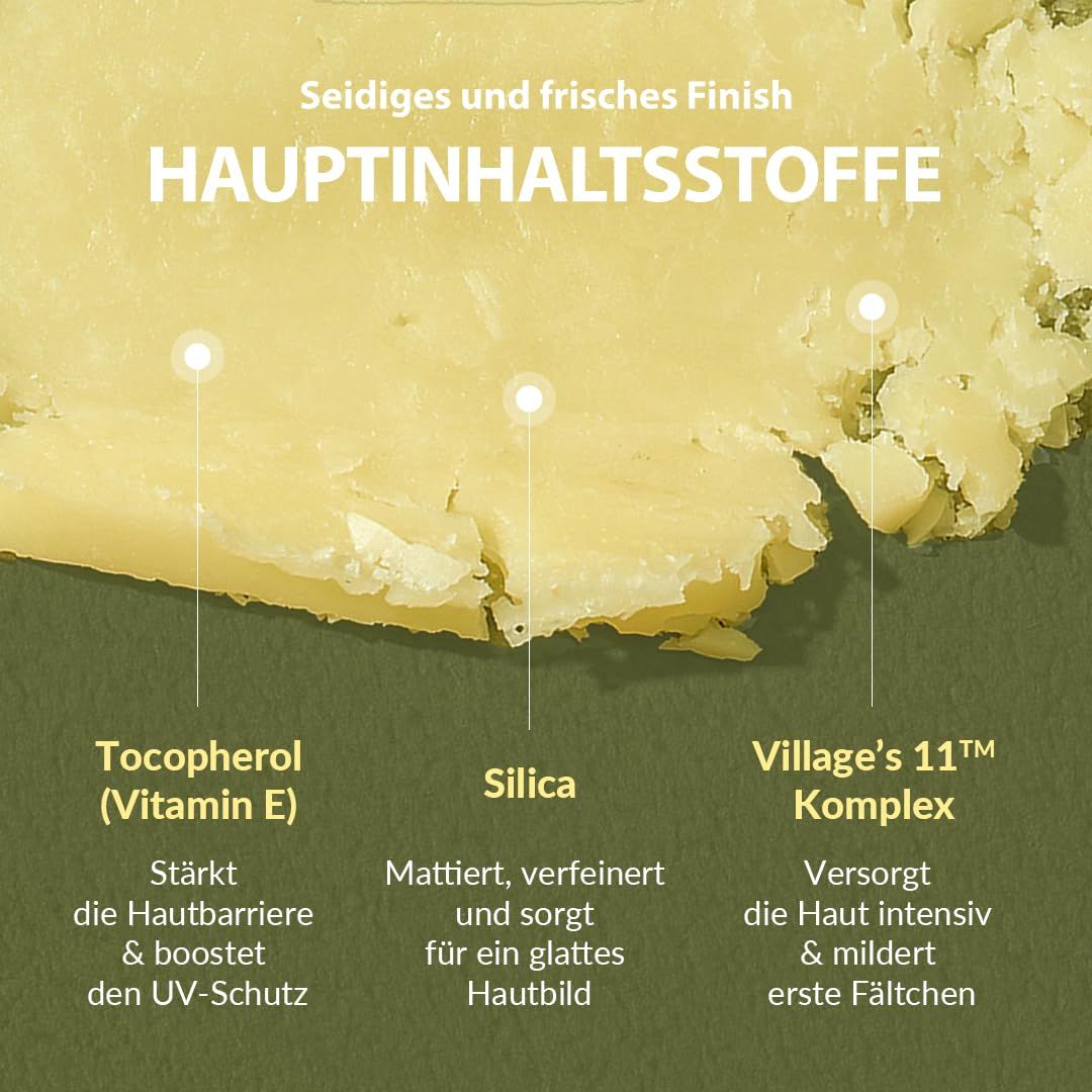 Text auf grünem Hintergrund: Hauptinhaltsstoffe. Tocopherol, Silica, Village's 11 Komplex.