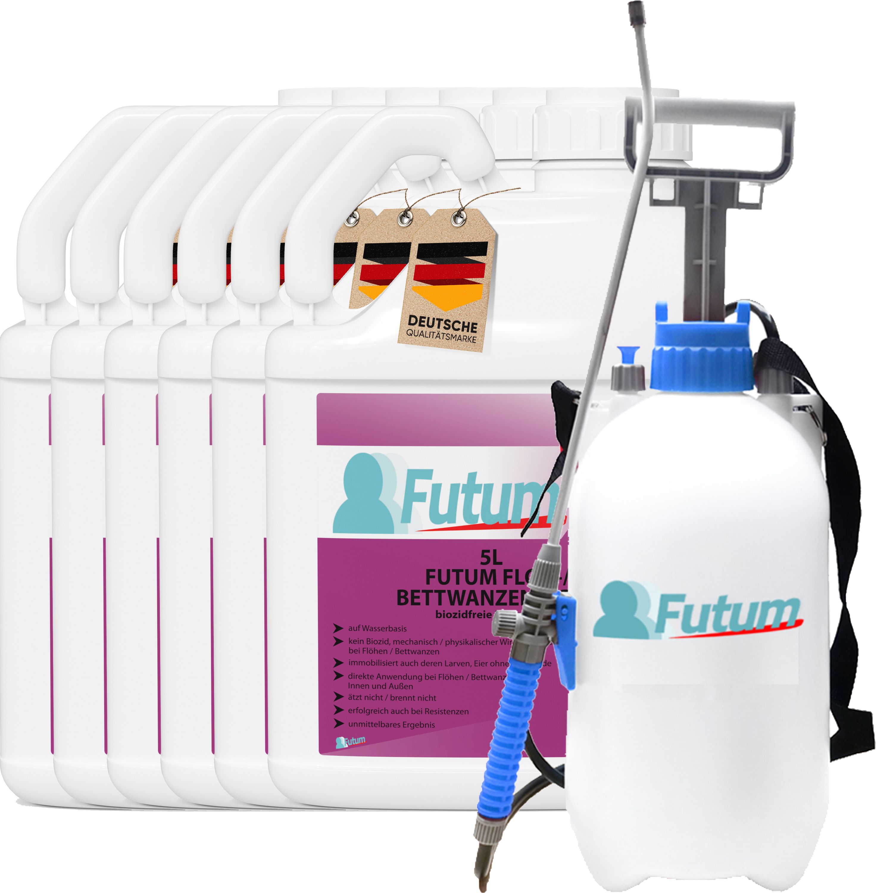 Mehrere weiße Kanister mit Griffen und Etiketten, daneben ein Sprühgerät. Auf einem Etikett steht "FUTUM".