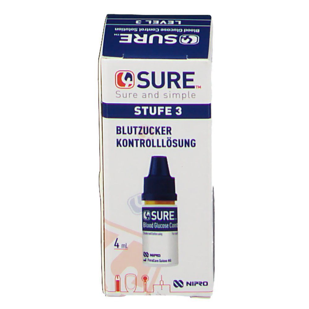4SURE Blutzucker Kontrolllösung Stufe 3 in einer Flasche und Verpackung. Blaue und weiße Verpackung. 4 ml.