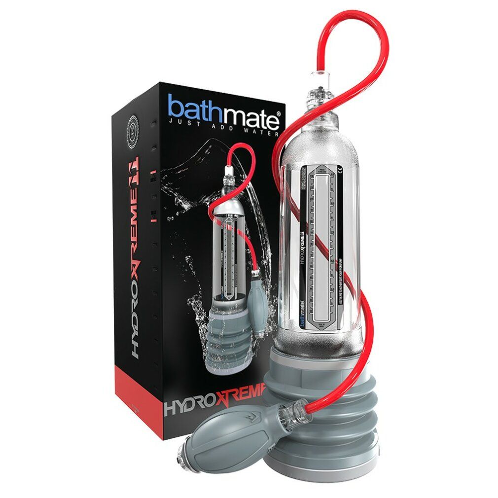 Produkt mit Verpackung. Klarer Zylinder mit rotem Schlauch und grauem Pumpball. Verpackung mit Logo.