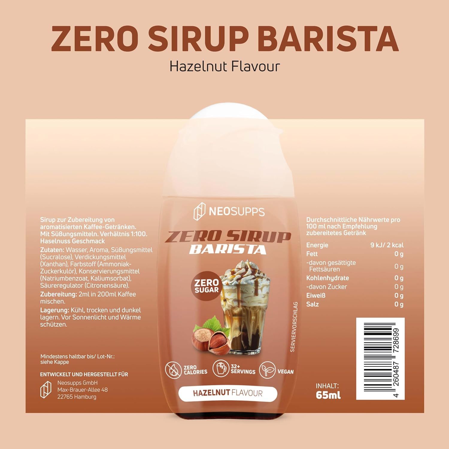 Neosupps Zero Sirup Barista, Haselnuss Flavour. Braune Flasche mit weißem Deckel. Text: Zero Sirup Barista, Hazelnut Flavour, Zero Sugar, Vegan.
