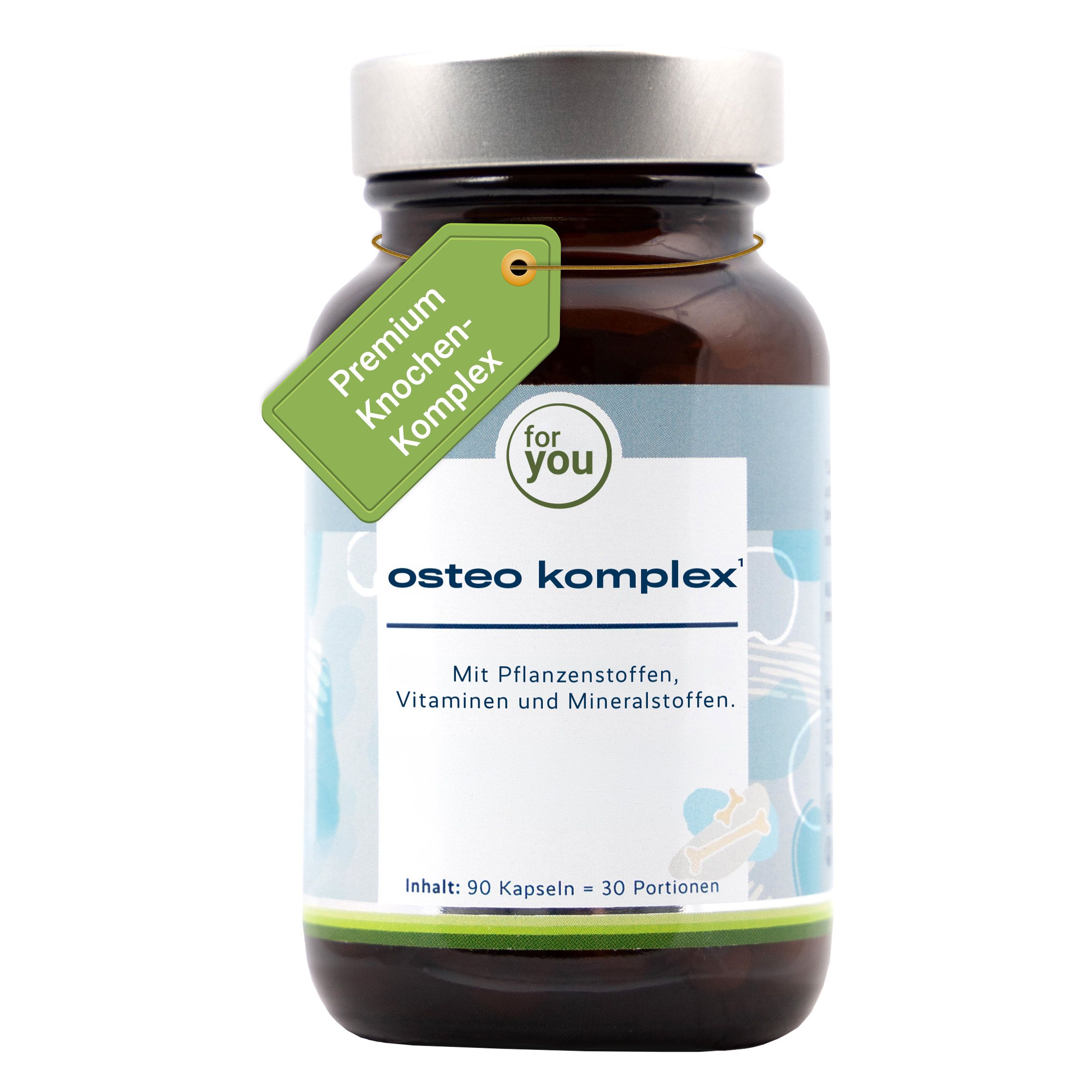 Braune Glasflasche mit Etikett für Osteo Komplex, enthält 90 Kapseln.