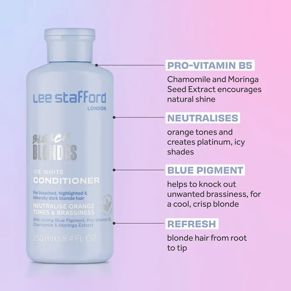 Lee Stafford Bleach Blondes Ice White Conditioner Flasche mit Erklärungen zu Inhaltsstoffen und Wirkung.
