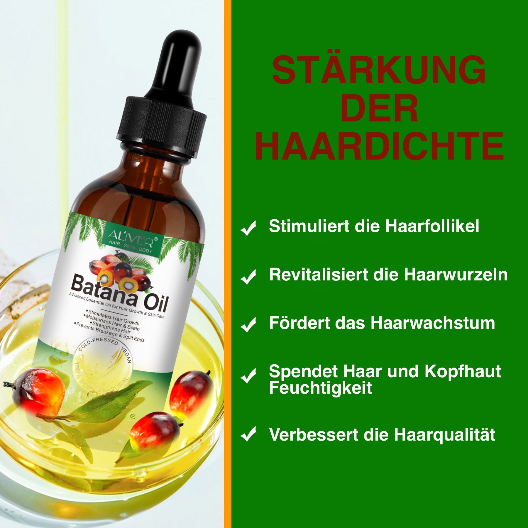 ALIVER Batana Öl Haaröl, Flasche mit Pipette, neben einer Schüssel mit Öl und Früchten. Text: Stimuliert Haarfollikel, revitalisiert Haarwurzeln.