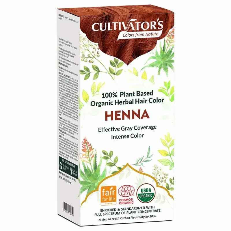 Verpackung von CULTIVATOR'S Henna-Haarfarbe. 100% pflanzliche, organische Haarfarbe. Enthält Fair for Life, Cosmos Organic und USDA Organic Siegel.