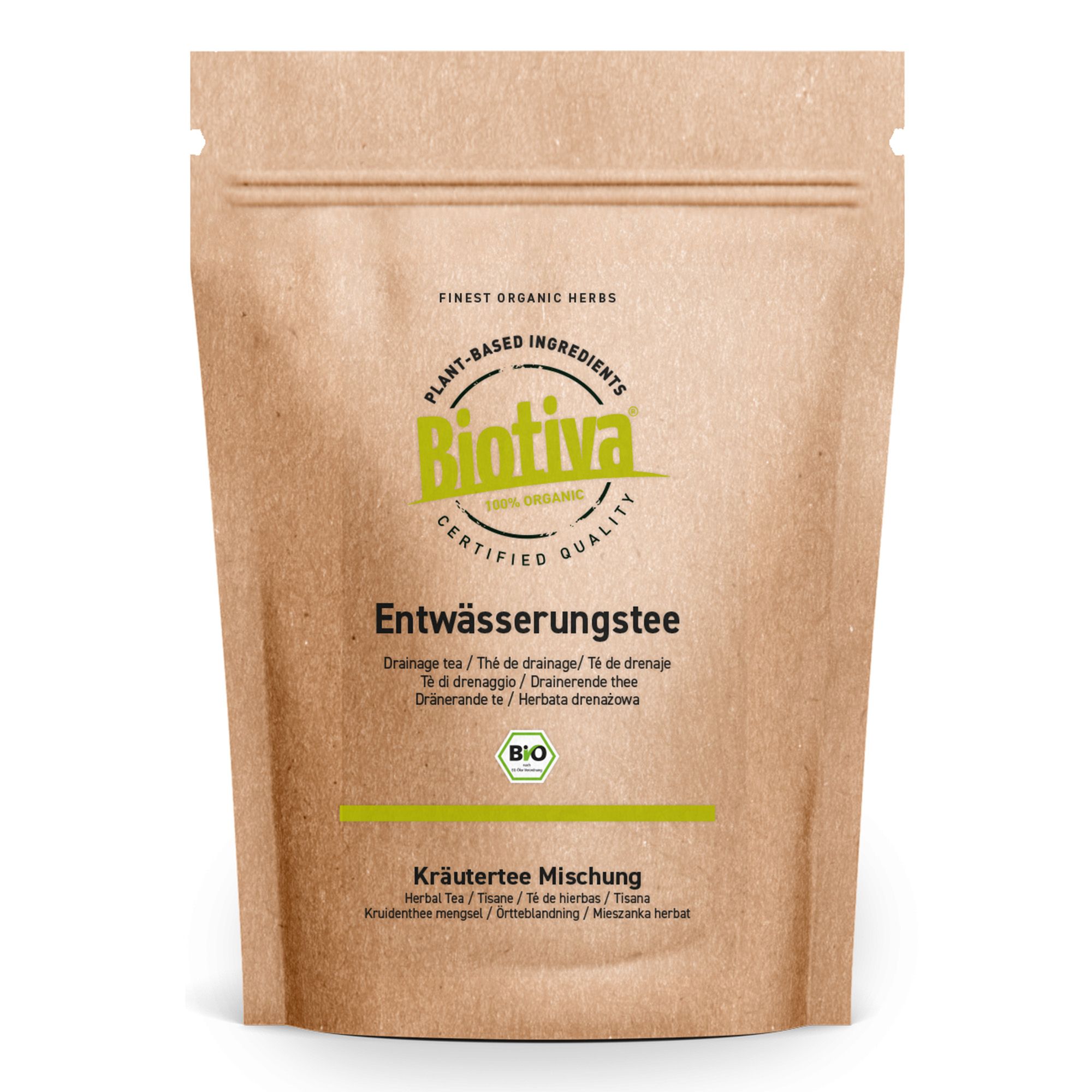 Beutel mit Biotiva Entwässerungs-Tee. Braune Papierverpackung mit grünem Logo und Schriftzug. Text: Entwässerungstee, Kräutermischung, Bio-Siegel.