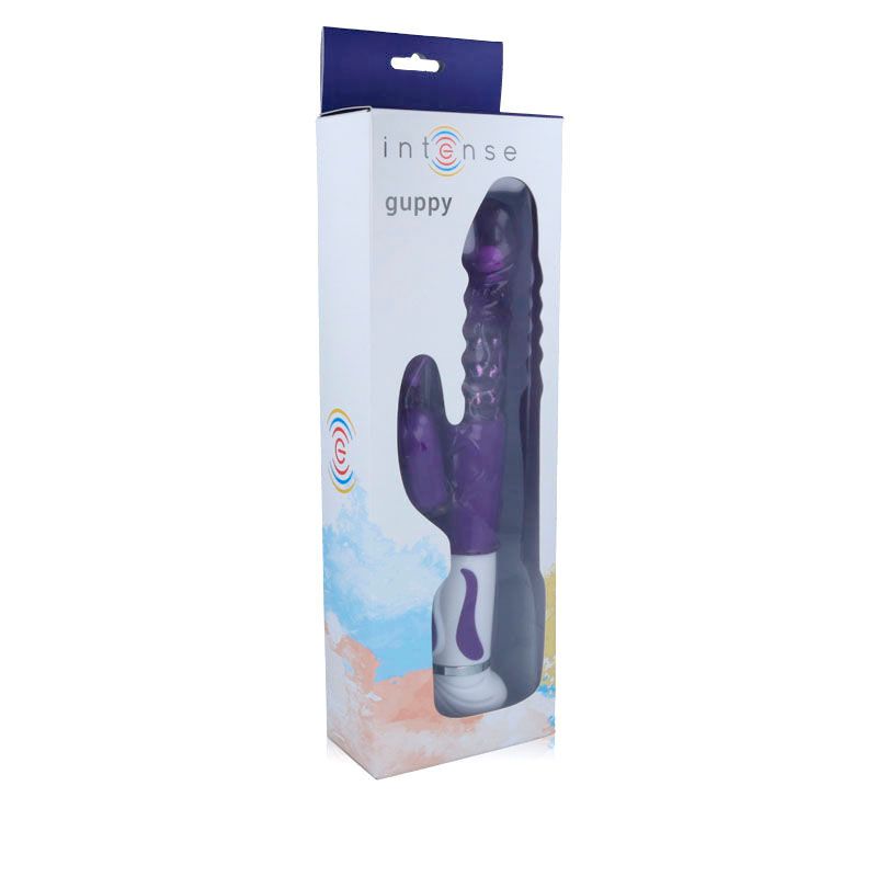 Intense Guppy Vibrator in Verpackung. Lila Vibrator mit Hasenohren. Weißer Griff. Verpackung mit Produktbild.