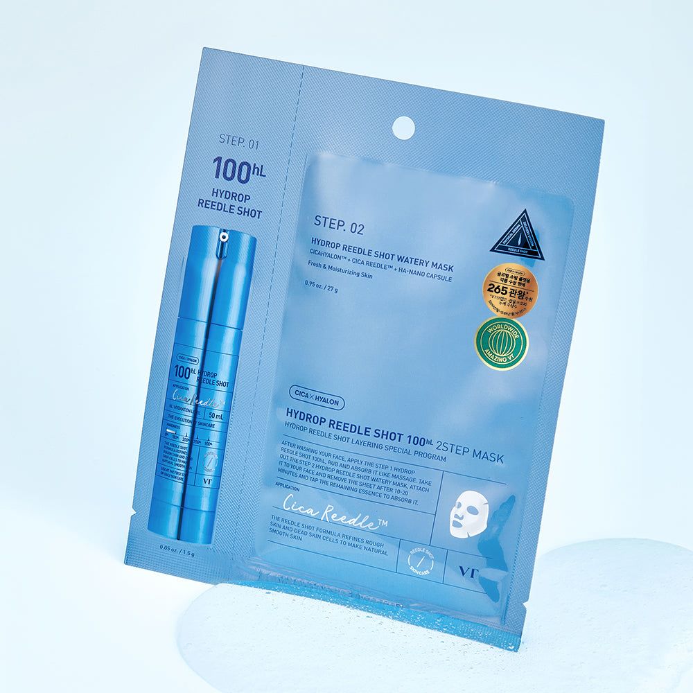 Zweistufige Tuchmaskenverpackung mit Serumfläschchen.
