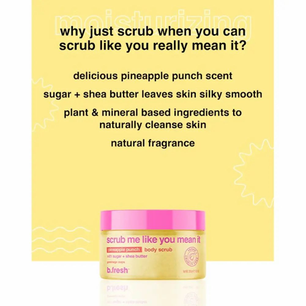 Rundes Tiegel mit rosa Deckel. Aufschrift: Scrub me like you mean it. Gelbes Peeling. B.fresh Logo. Vegan-Siegel.