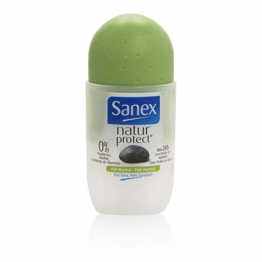 Roll-on-Deodorant Sanex Natur Protect. Weißes Gehäuse, grüner Deckel. Aufschrift: Sanex natur protect, 0% Aluminium.