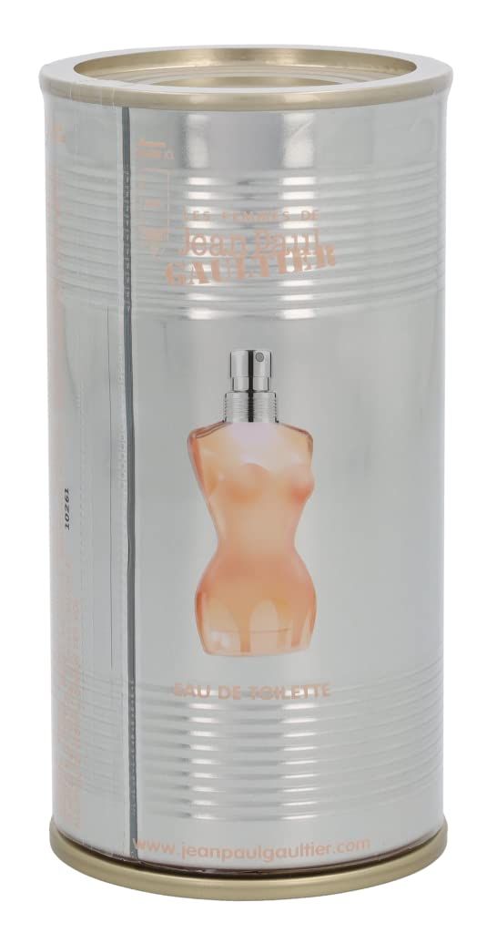 Silberne Dose mit Parfümflakon-Abbildung. Aufschrift: Jean Paul Gaultier, Eau de Toilette. Dose mit geriffelter Oberfläche.