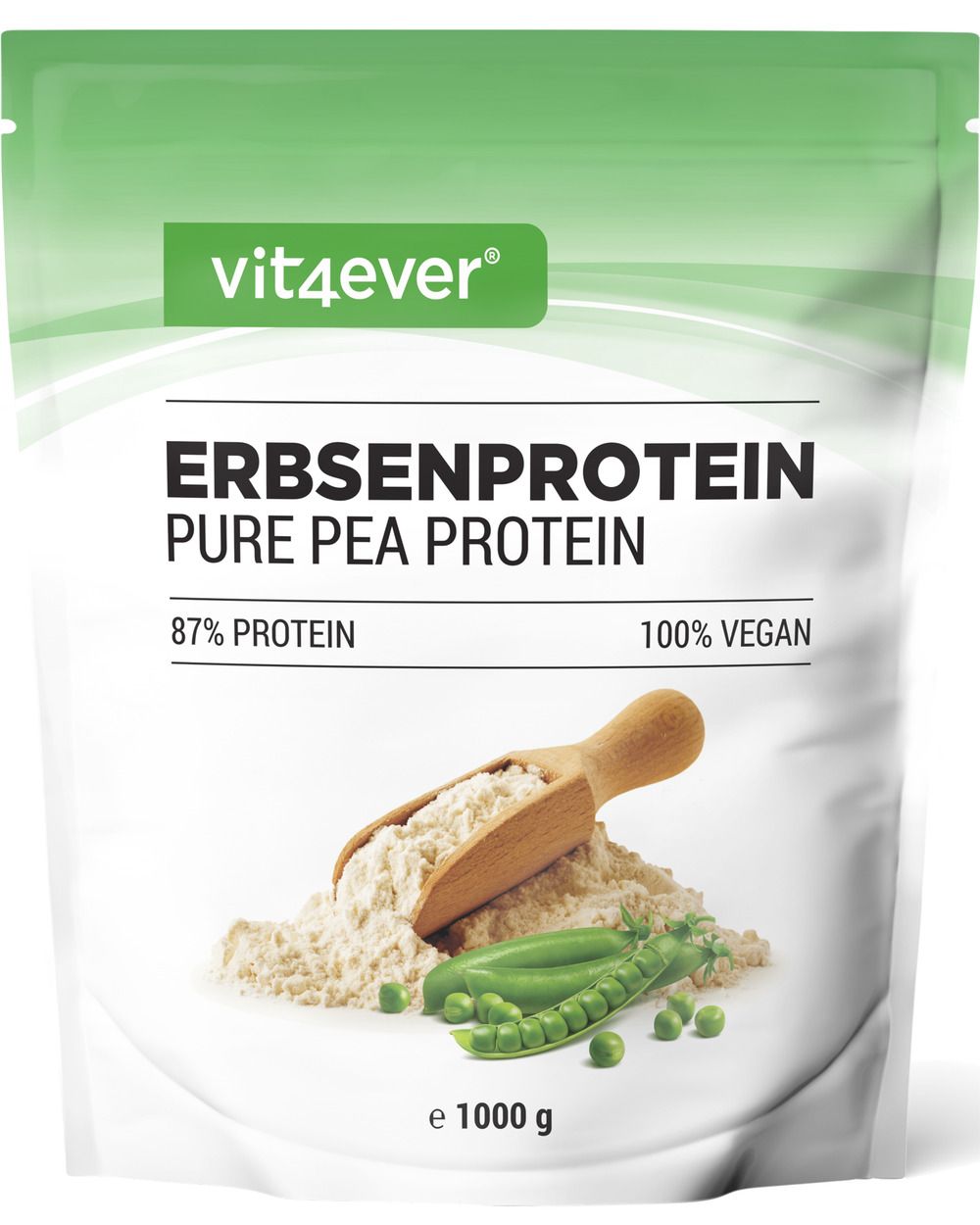 Beutel mit Erbsenprotein Pulver, Holzschaufel, Erbsen. Text: vit4ever, Erbsenprotein, 87% Protein, 100% Vegan, e 1000 g.
