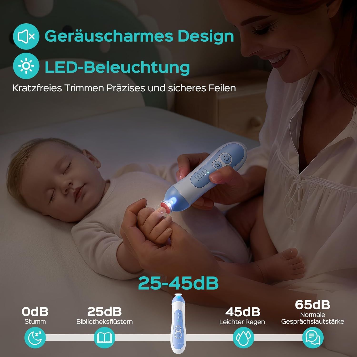 Elektrische Nagelfeile, blau-weiß. LED-Beleuchtung. Baby schläft. Geräuscharmes Design. Dezibel-Skala: 0-65 dB.