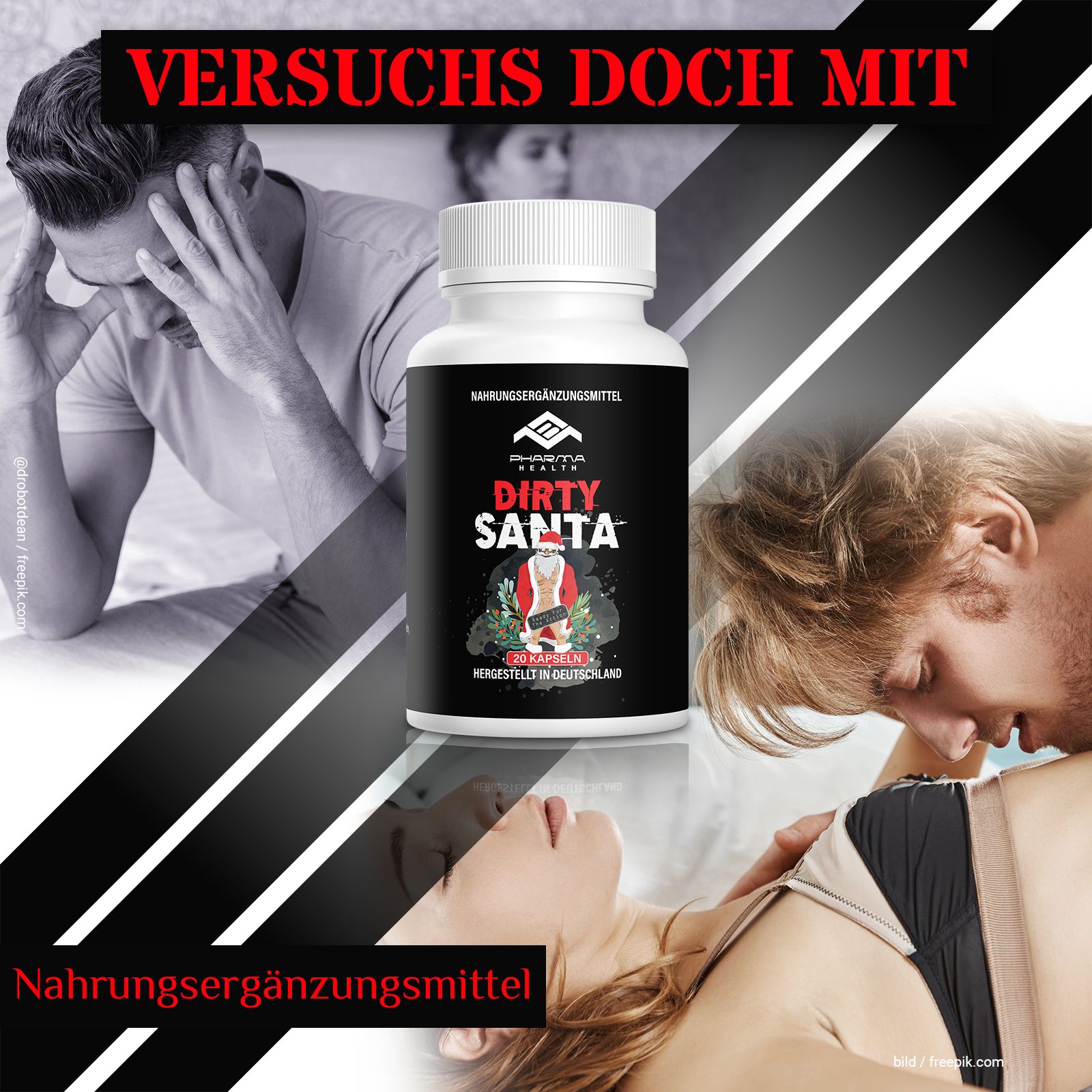 Weiße Flasche mit schwarzem Etikett. Aufschrift: Dirty Santa, Nahrungsergänzungsmittel. Abgebildet sind Menschen in intimen Situationen.