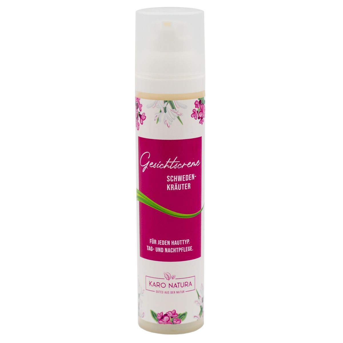 Weißer Spender mit pinkfarbener Banderole. Text: Gesichtcreme, Schwedenkräuter, Karo Natura. Für jeden Hauttyp, Tag- und Nachtpflege.