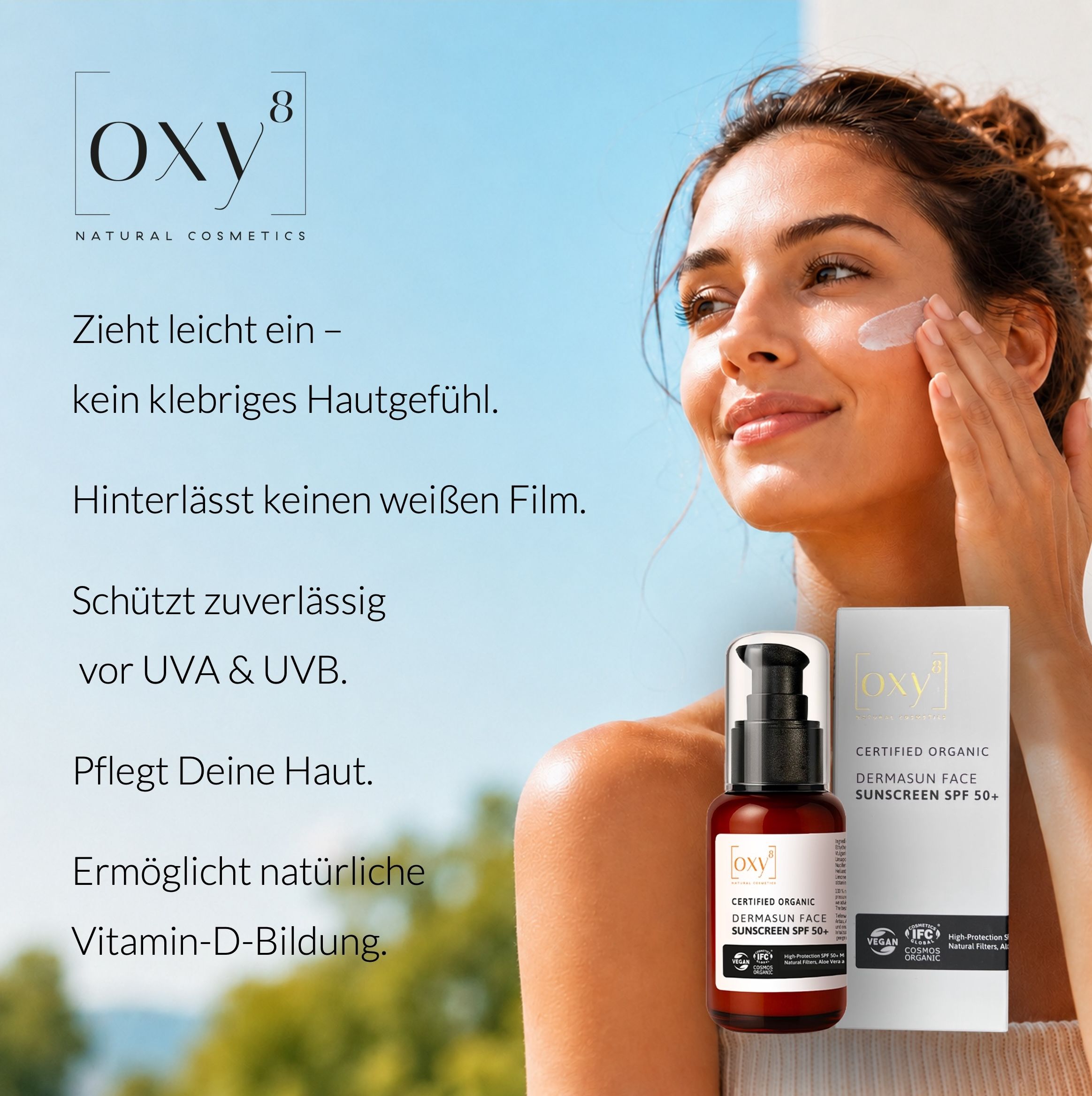 Frau trägt Sonnencreme auf. Text: UVA & UVB Schutz. Pflegt die Haut.