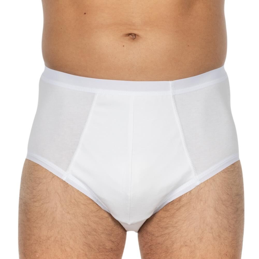 Weißer Herren Slip mit weißen Abschlüssen. Vorderansicht, getragen.