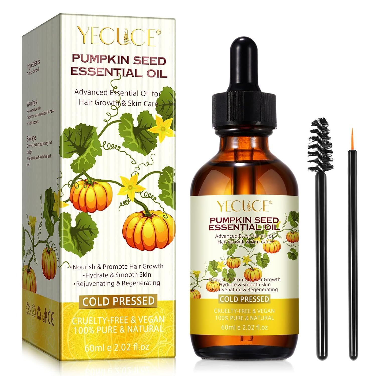 Braune Glasflasche mit Pipette und zwei Applikatoren. Aufschrift: Pumpkin Seed Essential Oil. Verpackung mit Kürbis-Illustrationen.